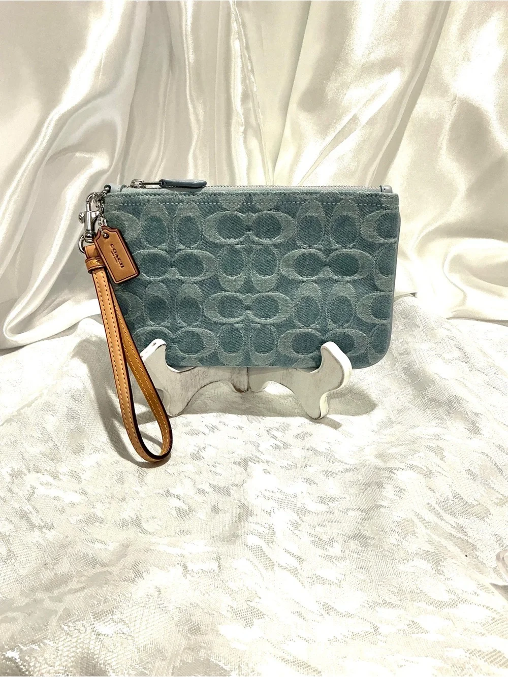 Coach Denim Wristlet with Tan Leather Strap CJ874